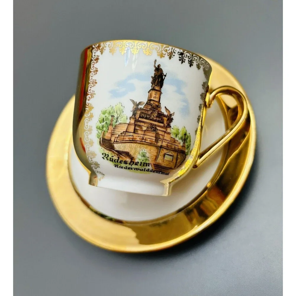 Vintage Arzberg Tea Cup Bavaria Germany Small Size Topographical Gold + Saucer